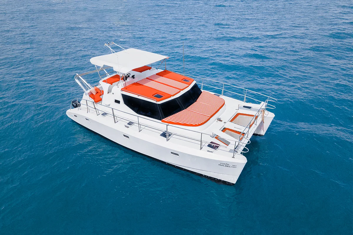 Malbec power catamaran in coastal waters